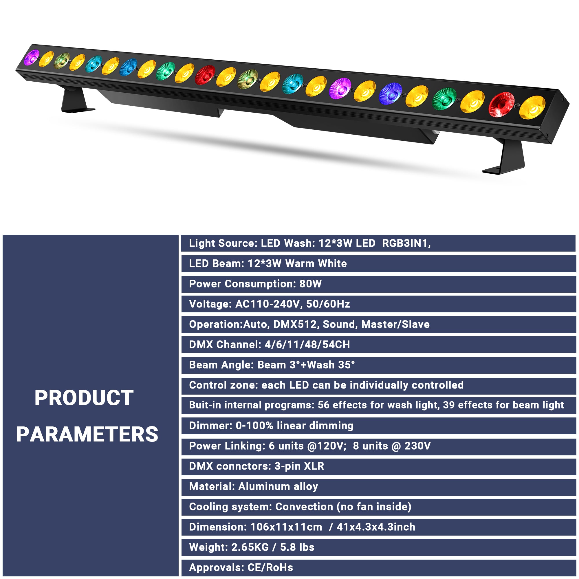 DJ Light Bar - 80W, 12LEDs 3n1 RGB Wash & Warm White Beam