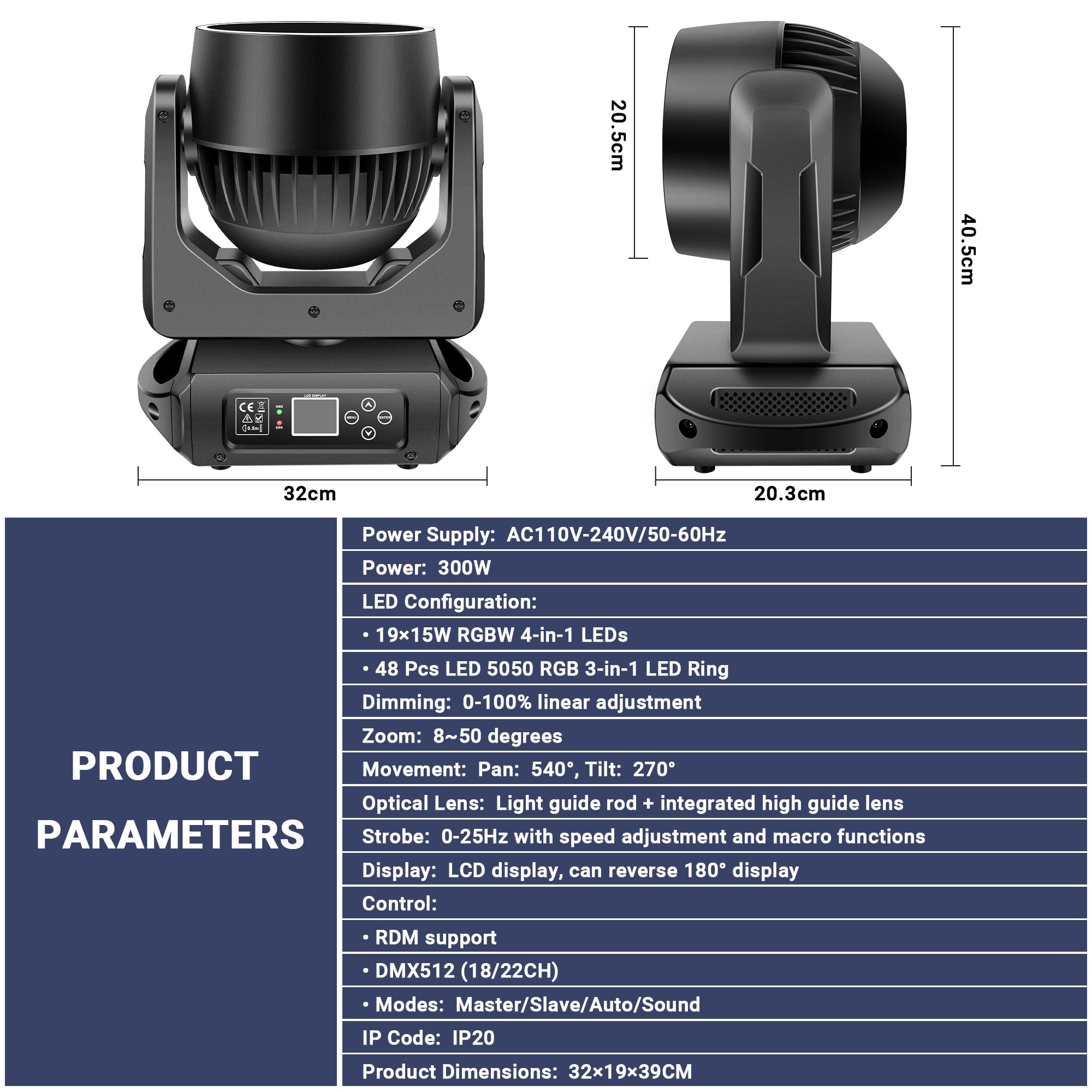19×15W Zoomable Moving Head Wash Light with LED Ring
