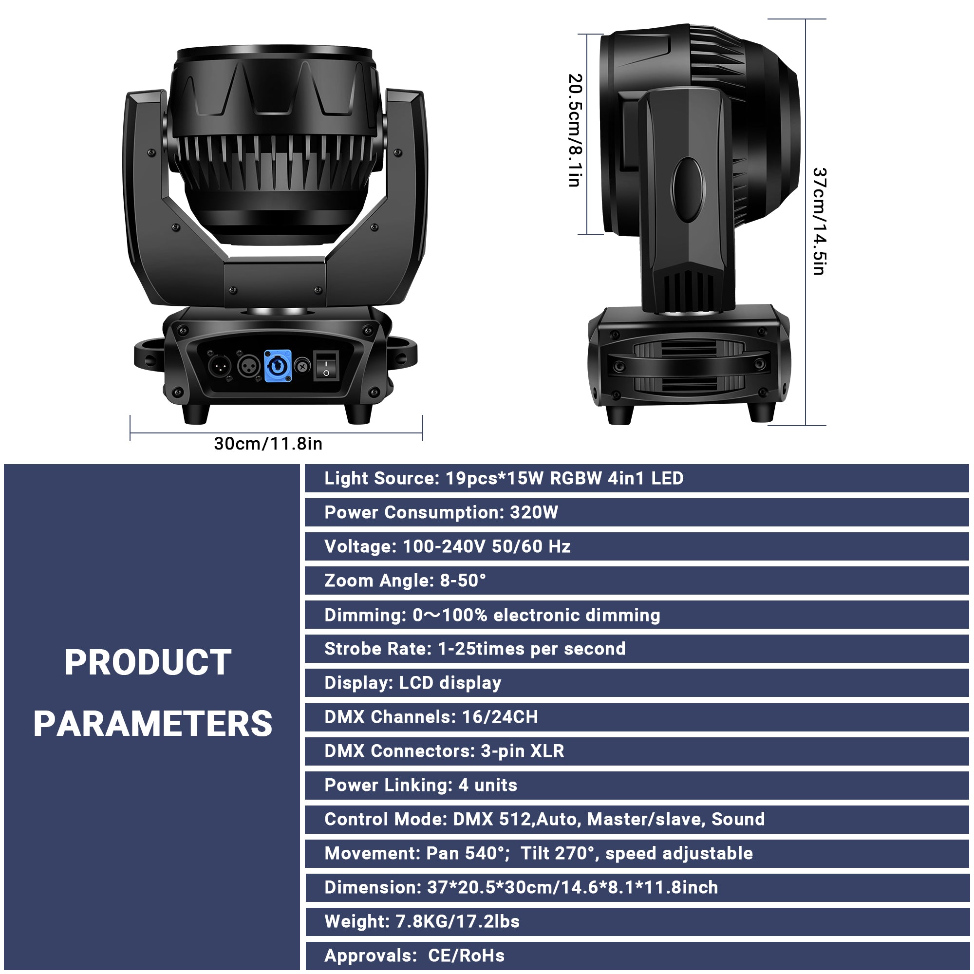 19×15W Zoom Moving Head Wash Light
