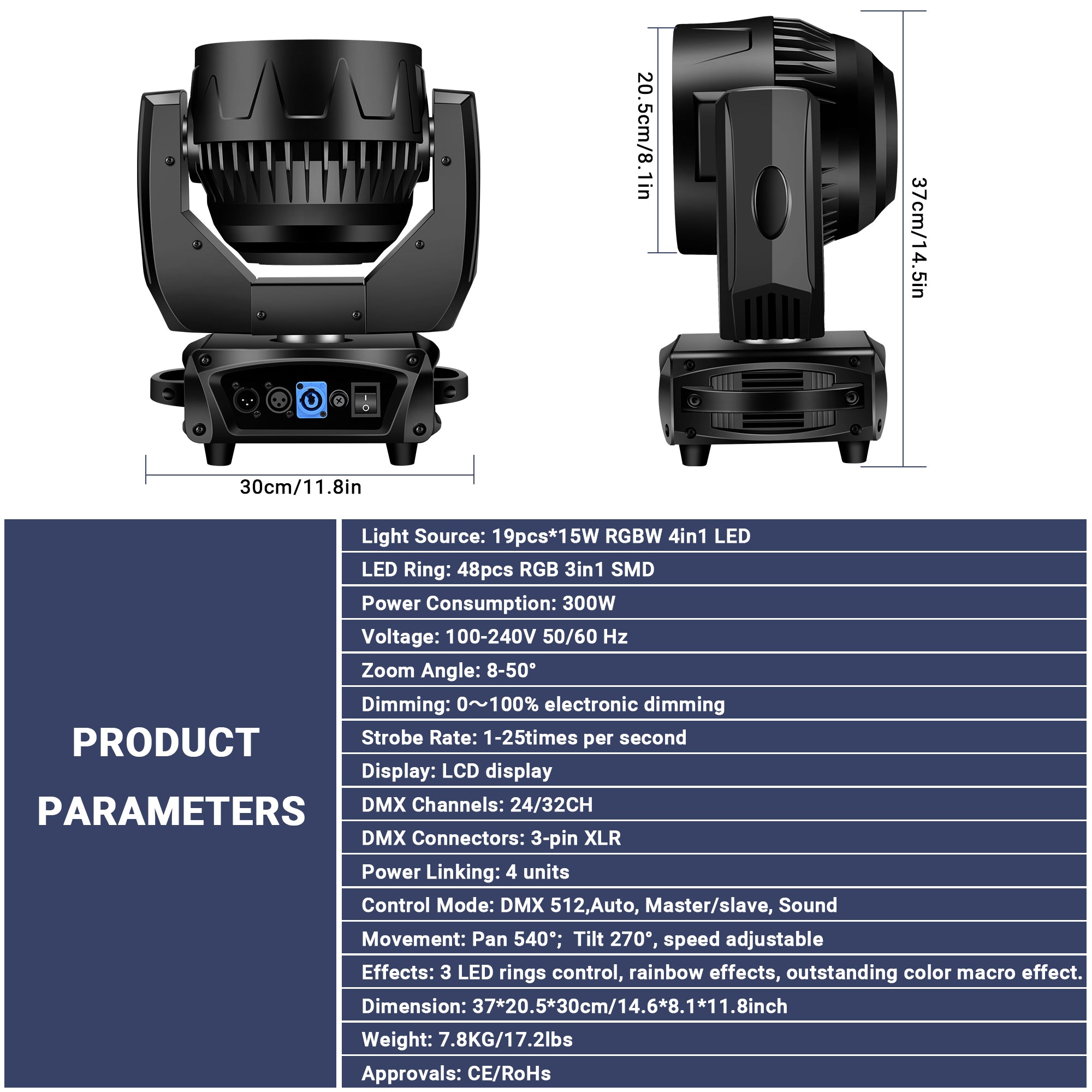 19×15W Zoom Moving Head Wash Light with LED Ring