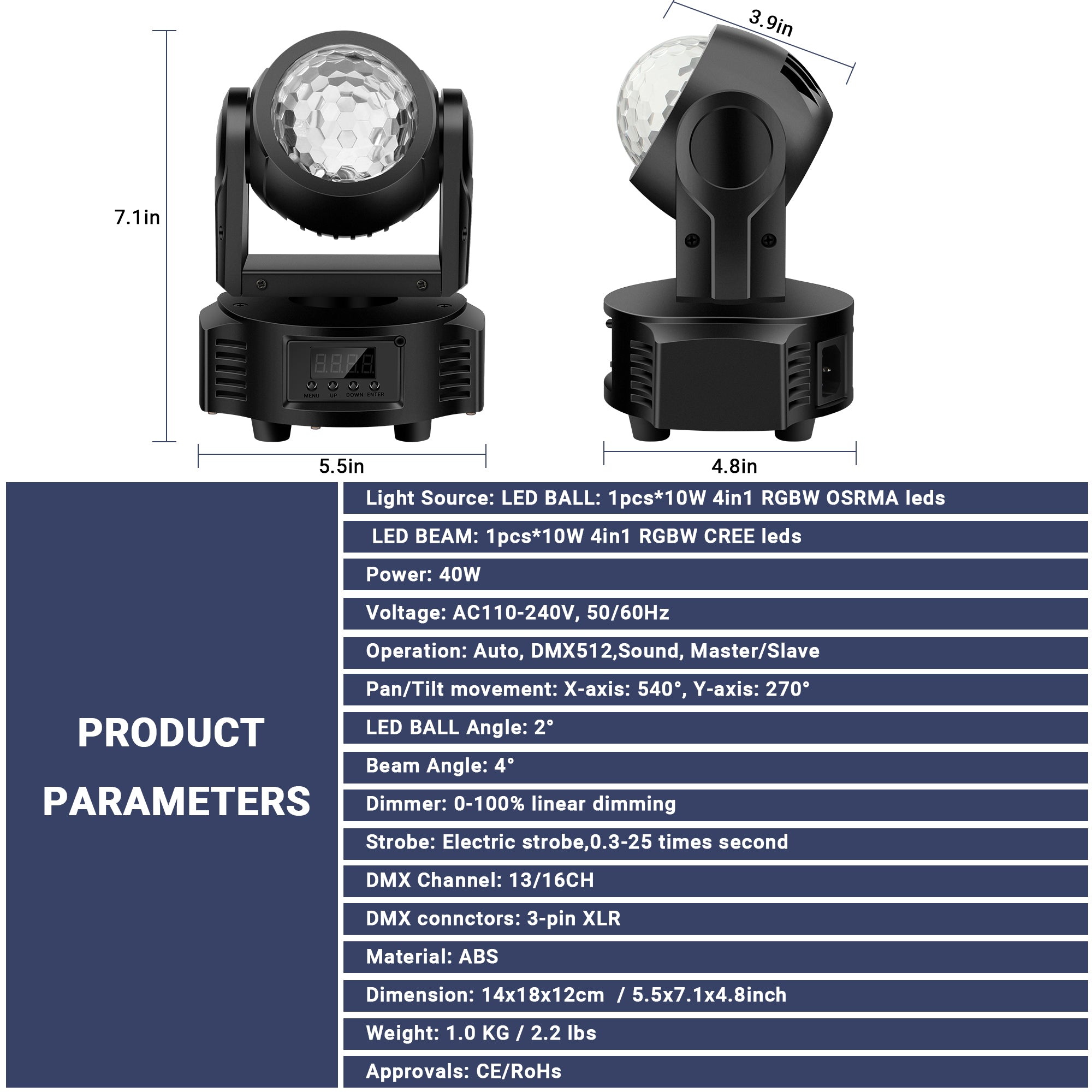 Double Sided Mini Moving Head Light - 40W, RGBW with Disco Ball & Beam