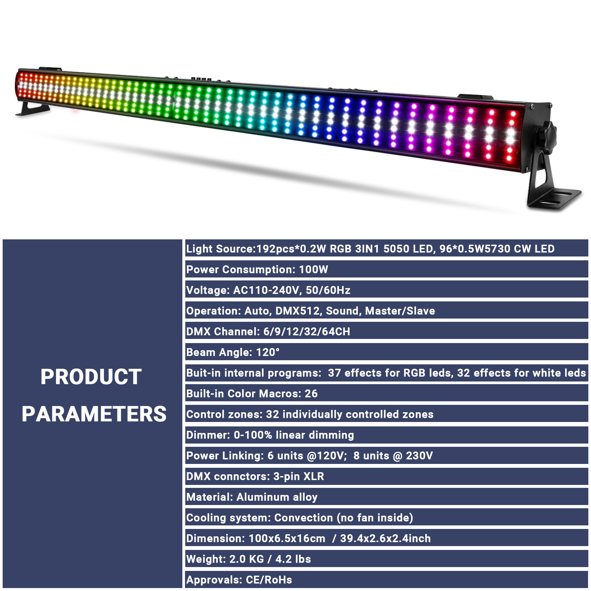 DJ Light Bar - 100W, 288LEDs RGB+W