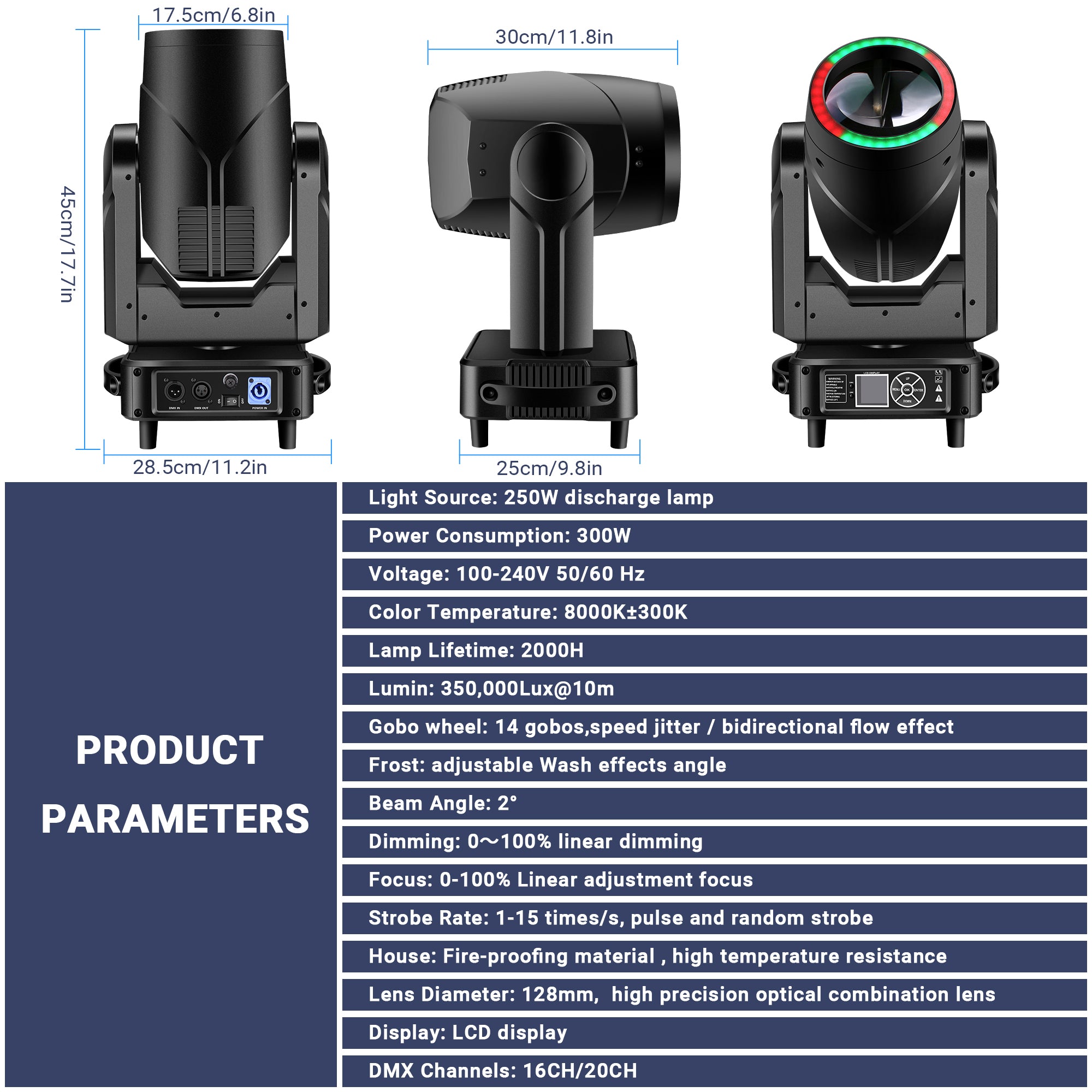 250W Mini Beam Moving Head Light with LED Ring