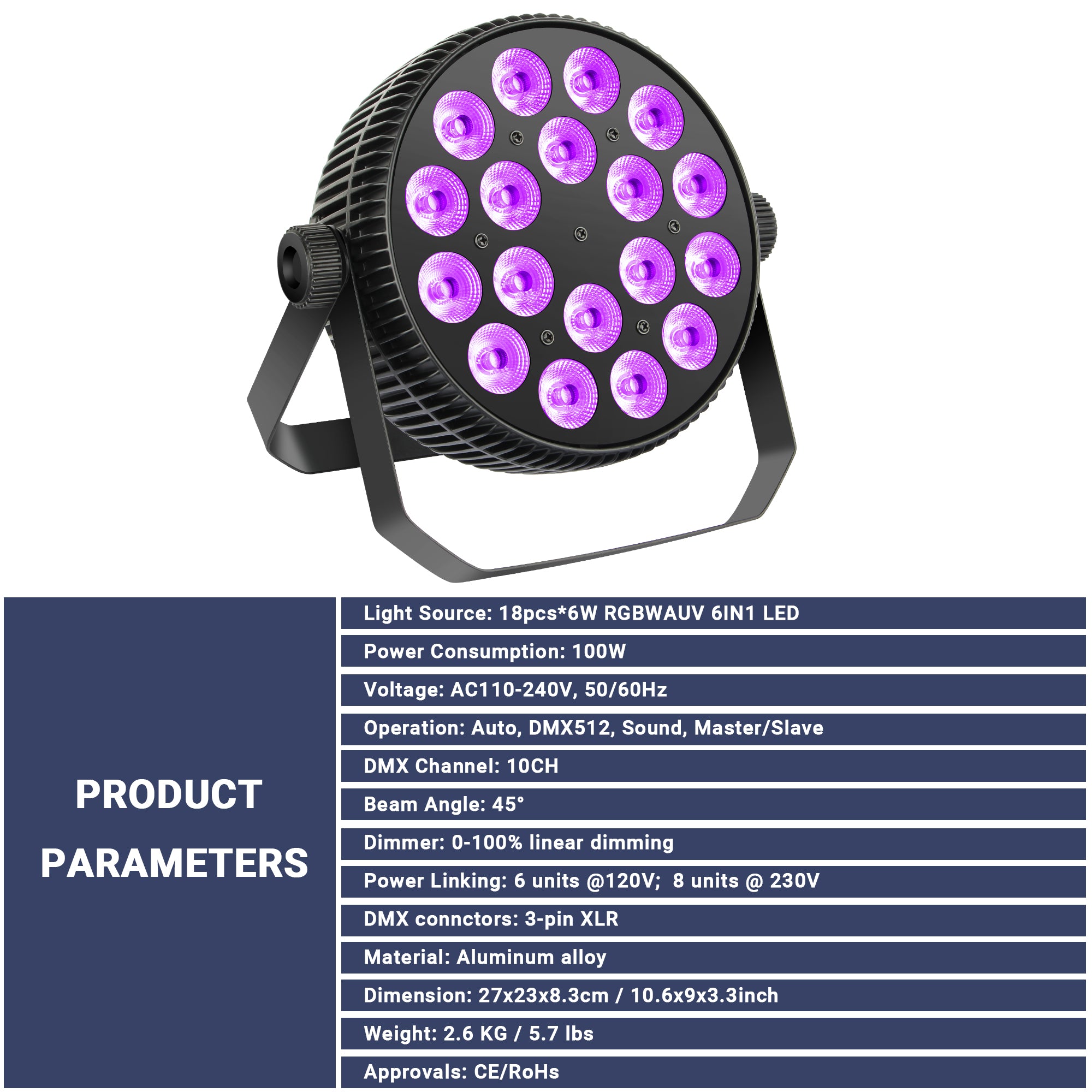 LED Aluminum Par Light - 18x6W, RGBWA+UV 6n1