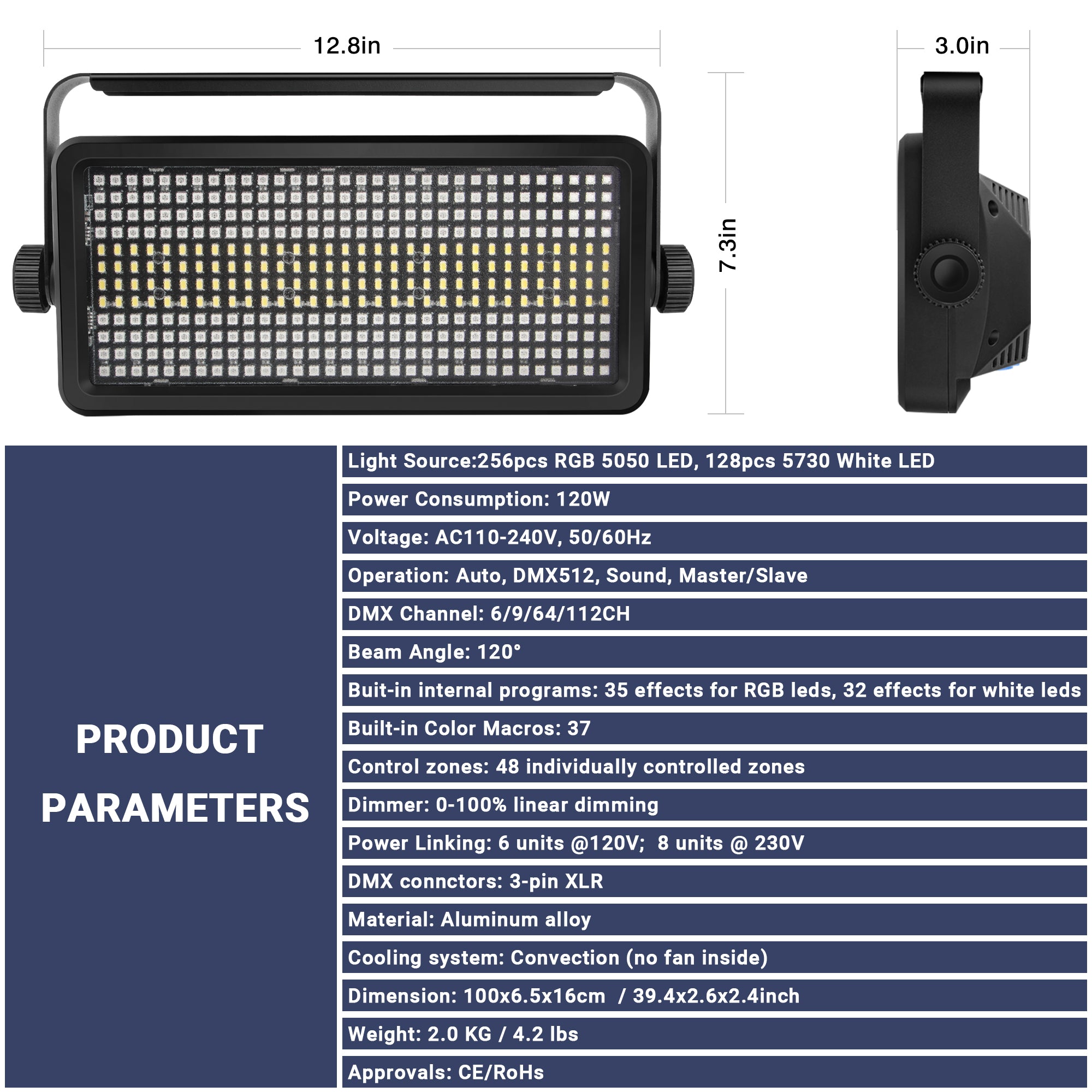 LED Stage Strobe Effect Lights - 120W RGBW, 48 Zones Chasing