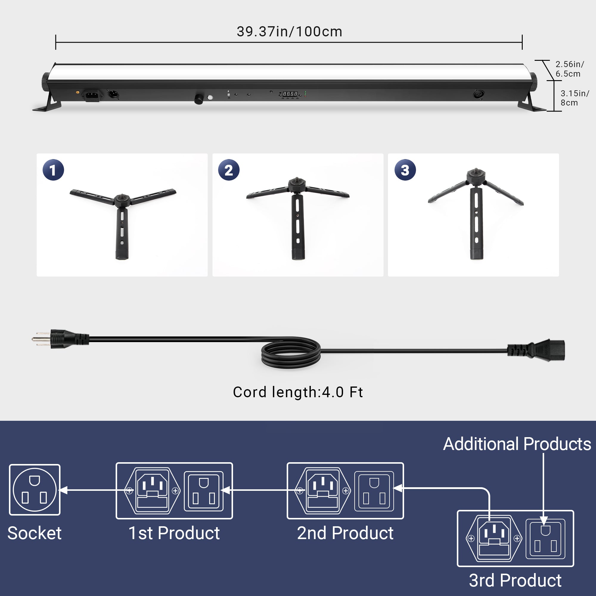 90W Battery Powered RGB 3in1 LED Pixel Light Bar with Stand