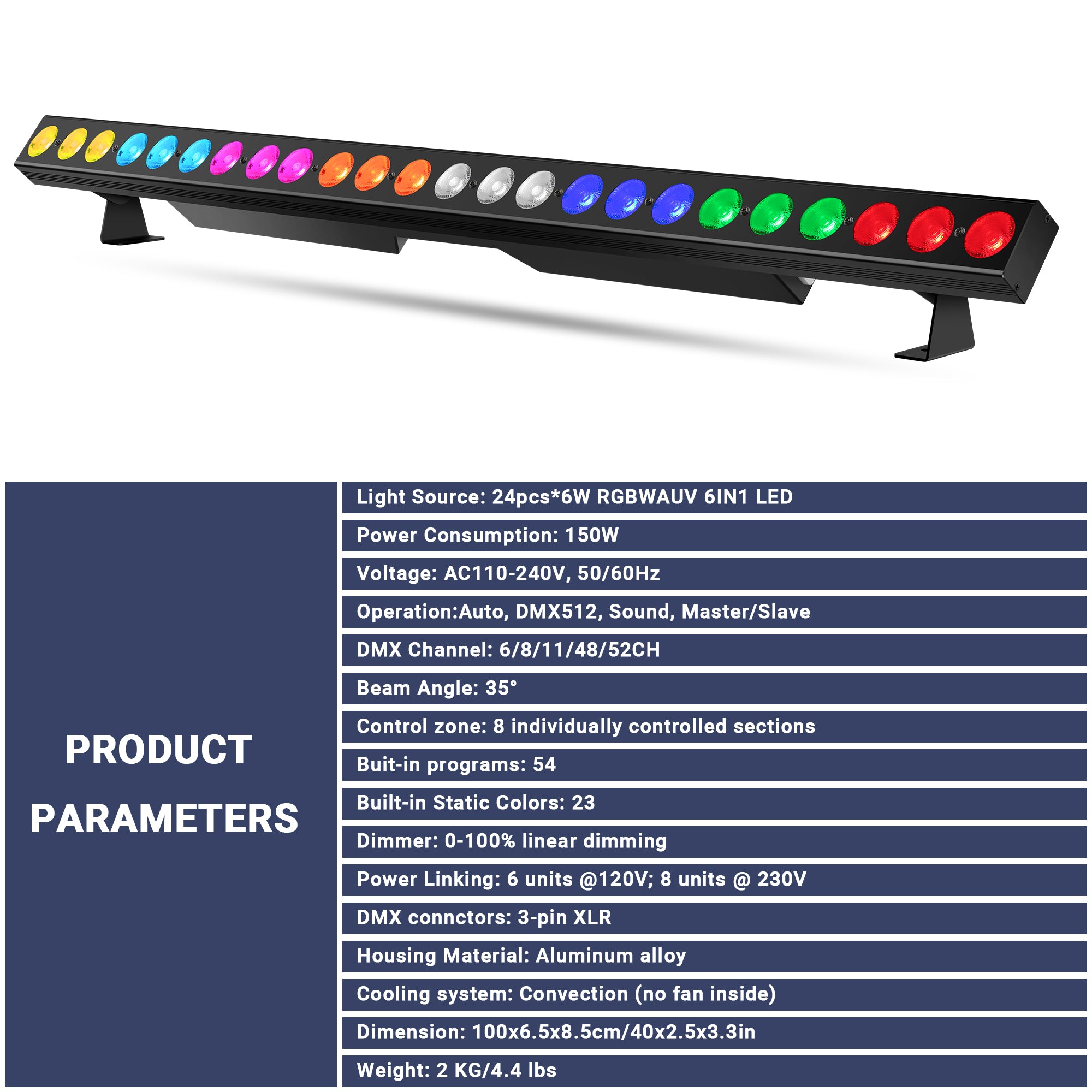 24x6W RGBWAUV 6in1 LED Wash Light Bar