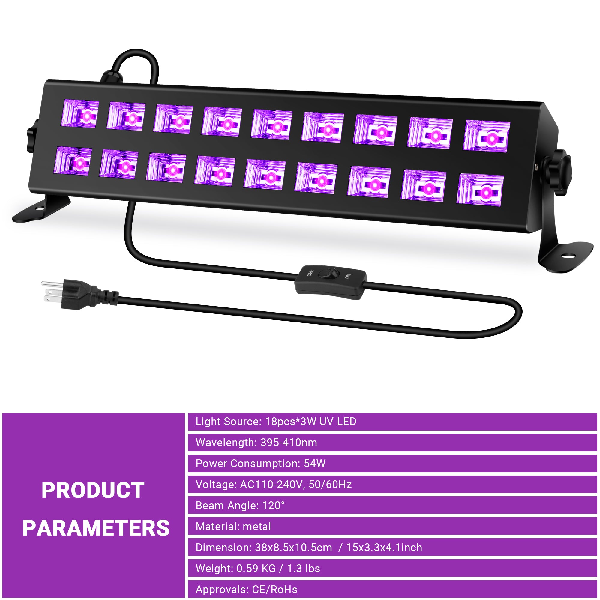 54W 18LED Black Light Bar