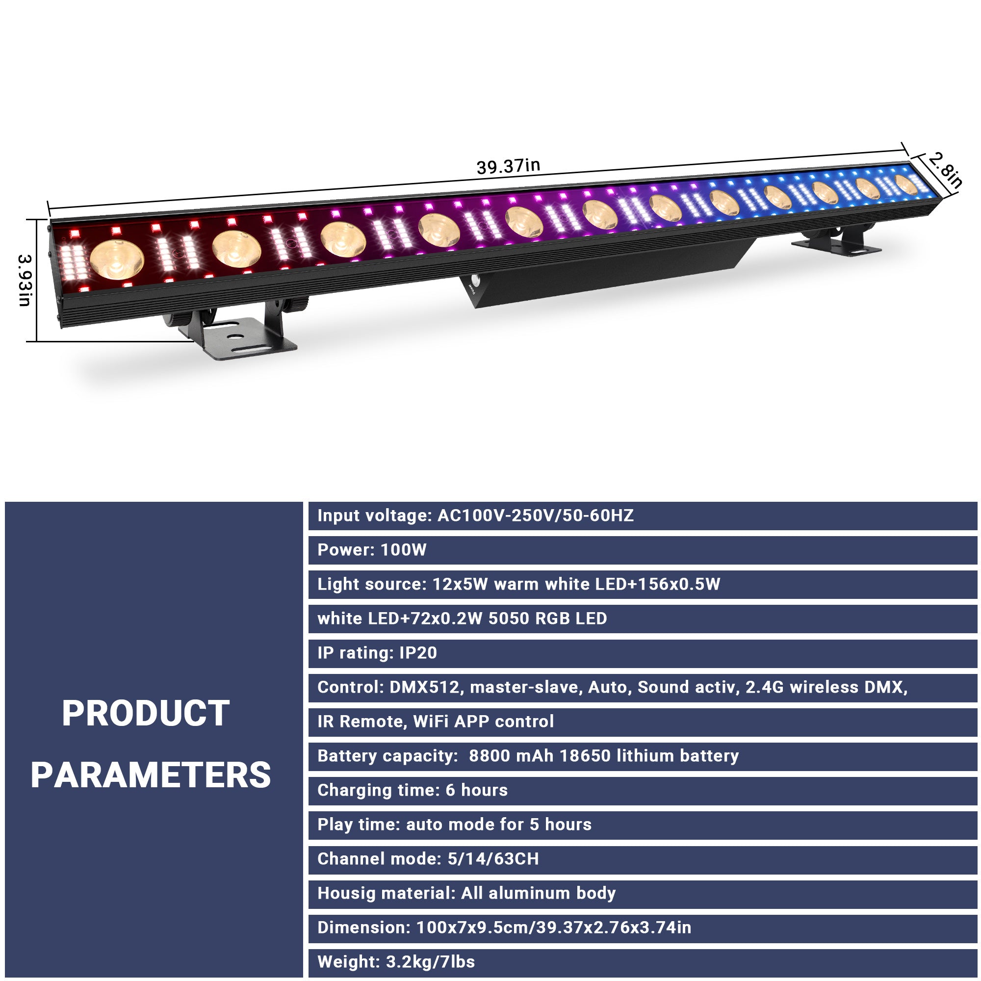 Battery Powered Pixel Control DJ Light Bar - 100W, Warm White & RGB 3n1 LED