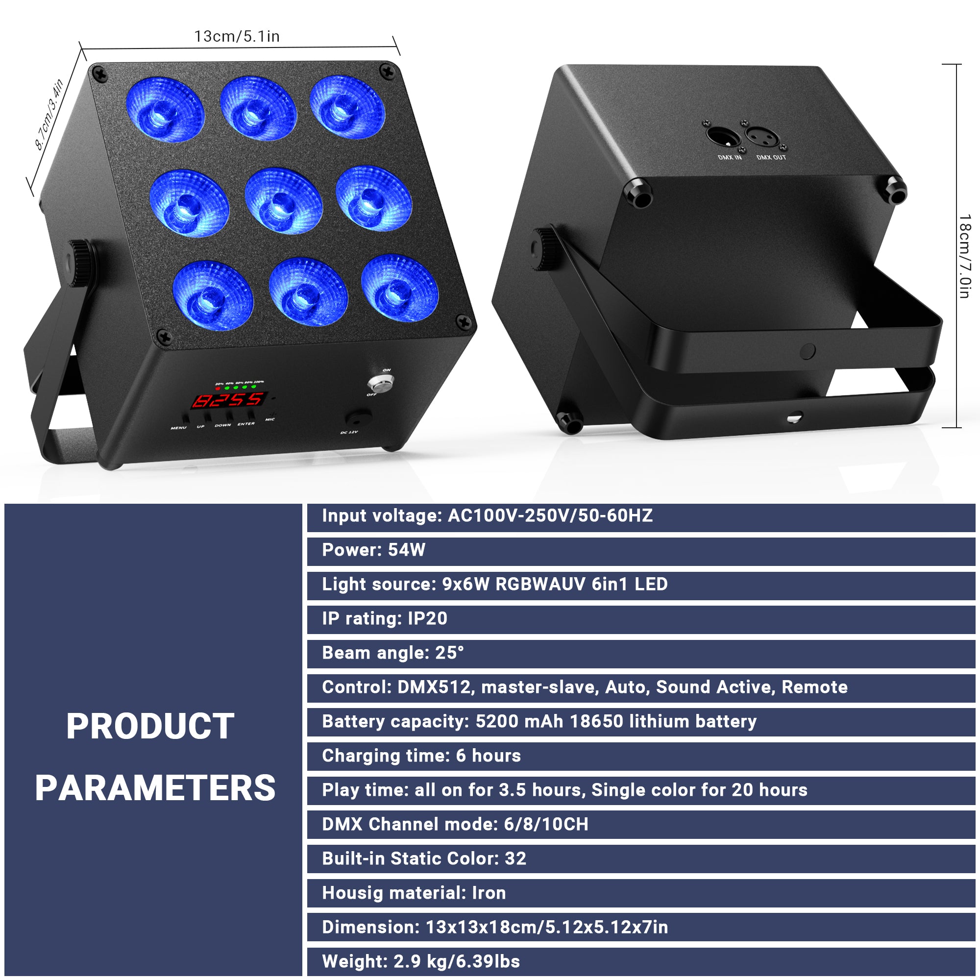 9LED RGBWAUV 6in1 Battery Powered Par Light