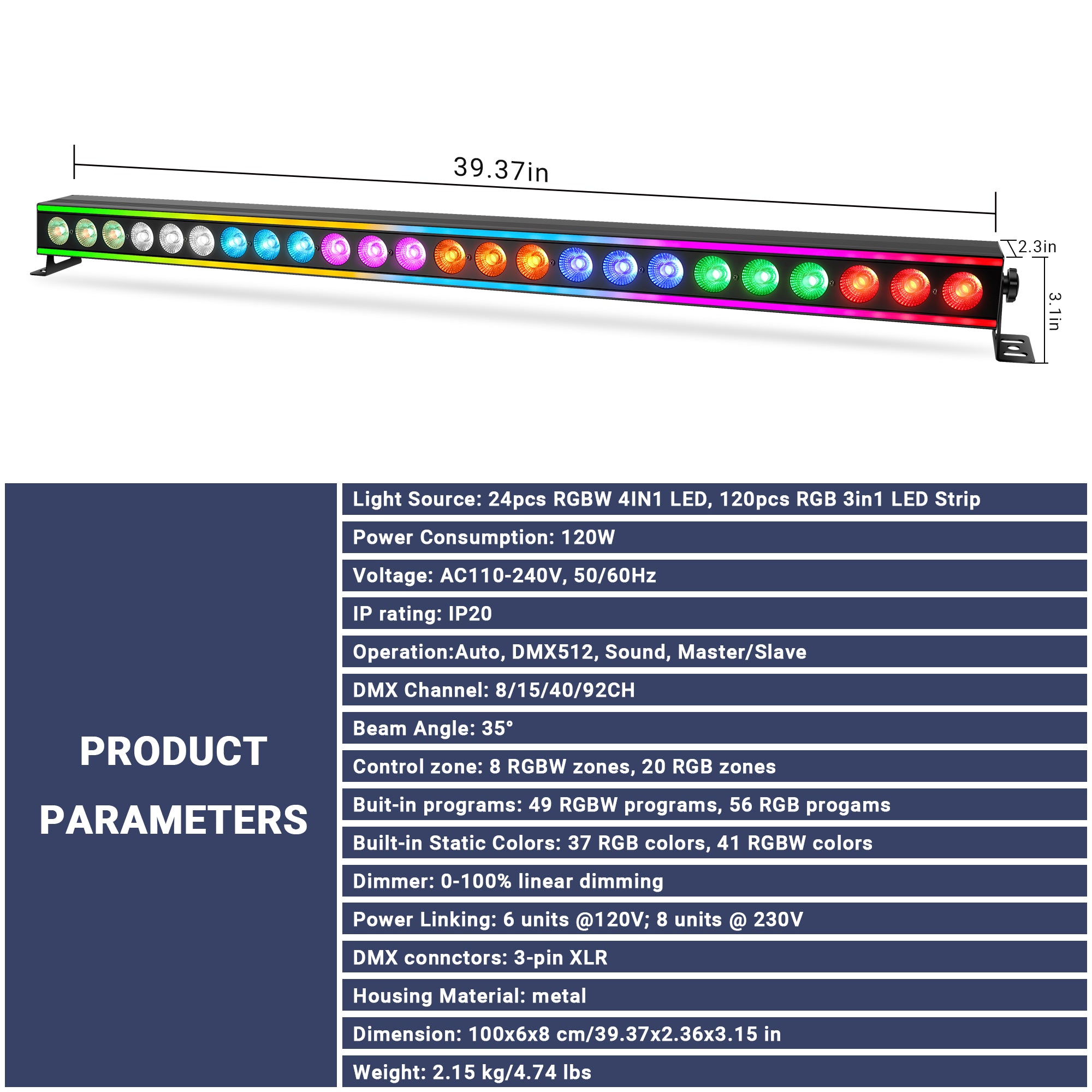 120W RGBW 4in1 LED Wash Light Bar with RGB Strips