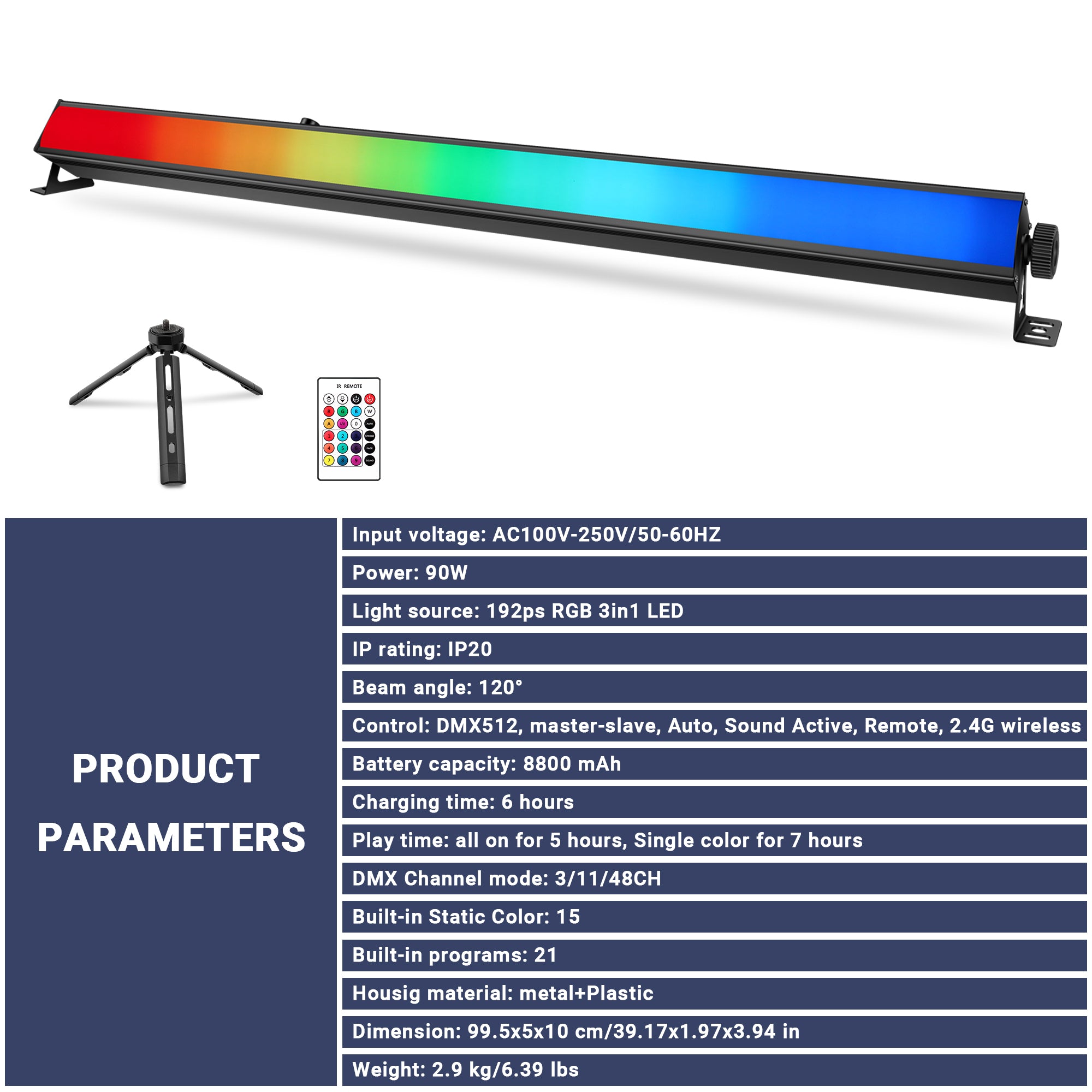 90W Battery Powered RGB 3in1 LED Pixel Light Bar with Stand